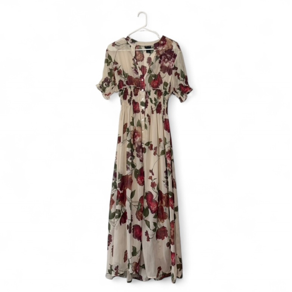 Chic Floral Maxi Dress in Cream and Red